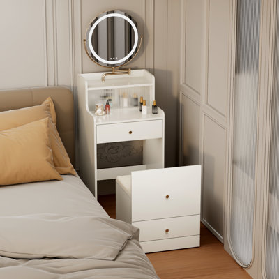 3 In 1 Vanity Desk With Mirror And Light ,small Makeup Vanity Set With Charging Station, With 2 Drawers And Open Storage Space