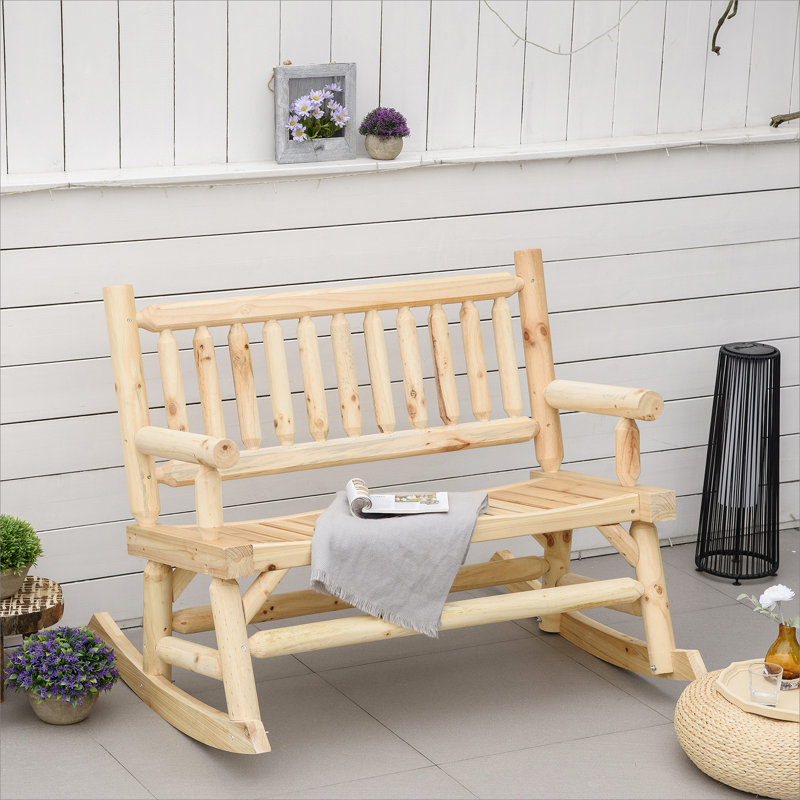 2-Person Wooden Rocking Chair With Log Design, Sturdy And Comfortable Loveseat For Patio And Garden, Natural