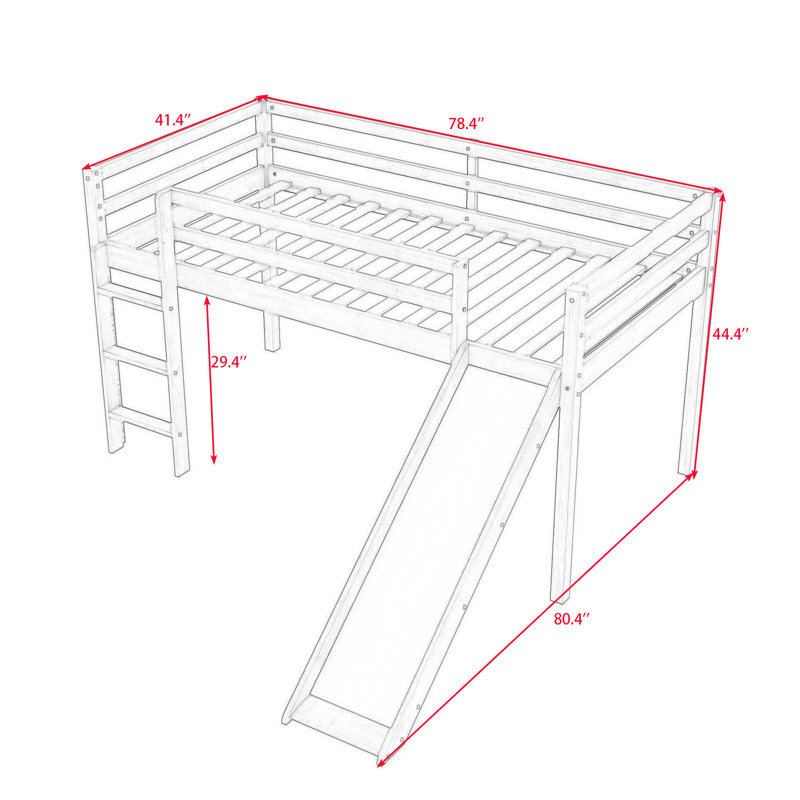 Lit mezzanine simple en bois avec glissade et barrières de sécurité, Blanc