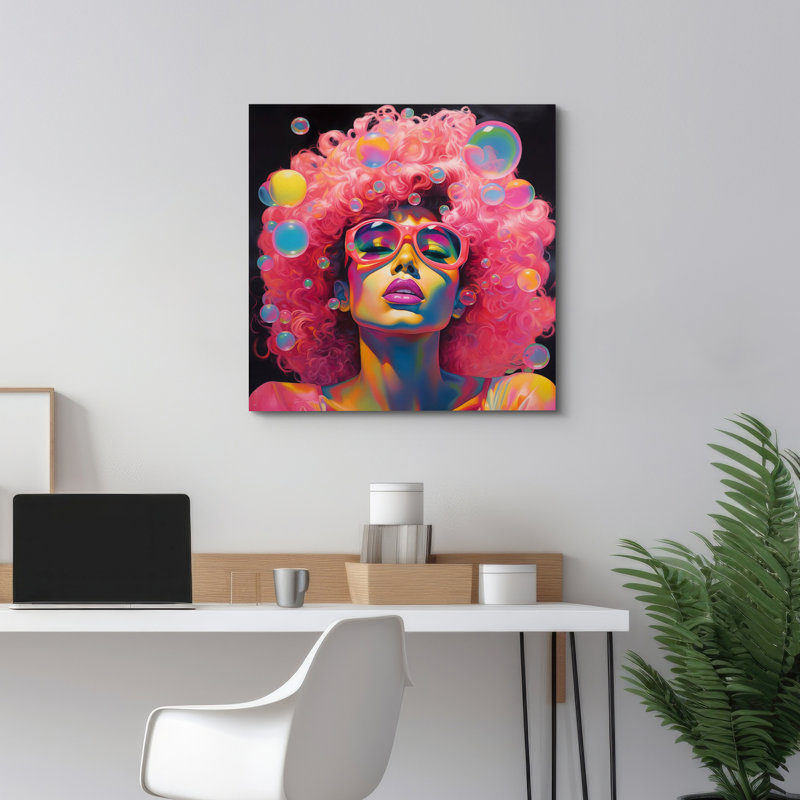 Elegance Pink Hair Girl Portrait Fashion Preppy Bedroom Decor Artwork Framed Canvas Print Wall Art, 12" H x 12" W