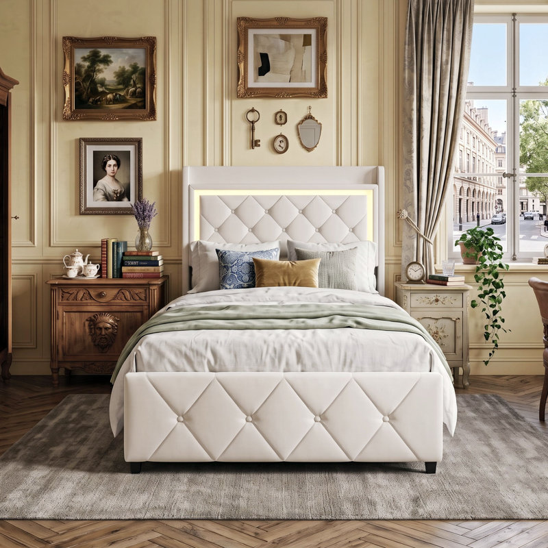 EU & UK Sizes Velvet Ottoman Bed With LED Storage Headboard, Upholstered Bed Frame With Charging Port, Beige