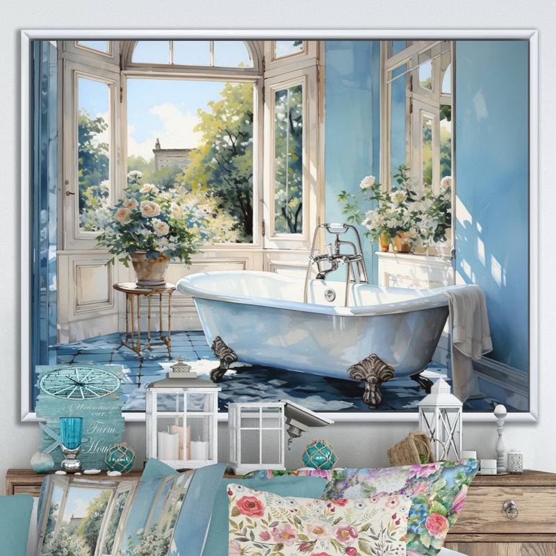 «Bathroom Tranquil Reflections I» - décoration murale pour salle de bain, Cadre flottant blanc, H 12 po x l 20 po x P 1 po