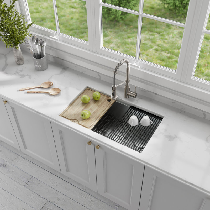 Kore Undermount Kitchen Sink with Garbage Disposal, 10.5"H x 19"W x 32"D, Satin