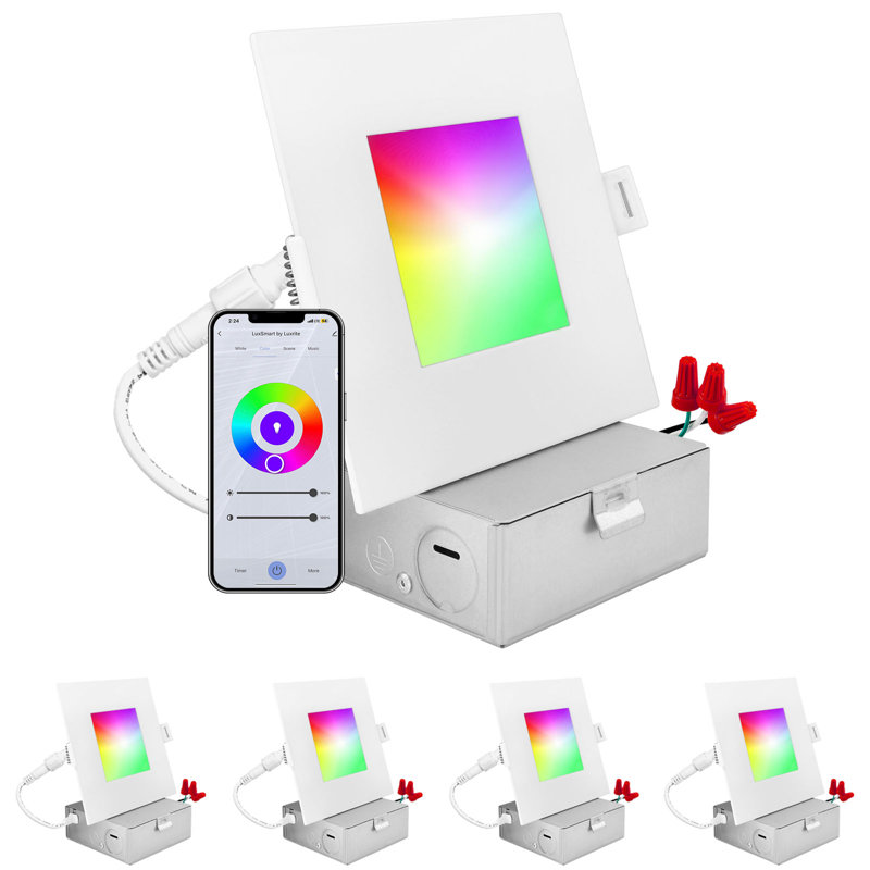 Éclairage encastré carré à DEL Luxrite de 4 pouces, changement de couleur RVBB, contrôle de l'application Wi-Fi, contrôle de la voix avec Alexa et Google Home, aucun concentrateur requis, 10,5 W 700LM, IRC 90, homologué IC, homologué Wet (ensemble