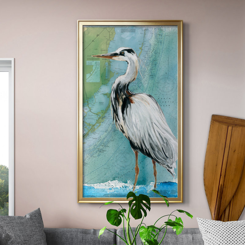 Biscayne Bay Crane - peinture sur toile encadrée, H 10,5 po x l 18,5 po x P 1,5 po, Cadre doré