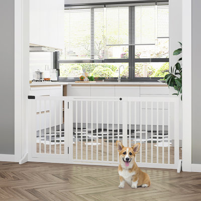 Adjustable Wooden Pet Gate. Freestanding For Doorway, Hall. 3 Panels With Lockable Door. White. Fits 44.5" - 66.75" Spaces. For Pets & Animals Gate By . Doorway Panels, Barrier, Areas 66.75".