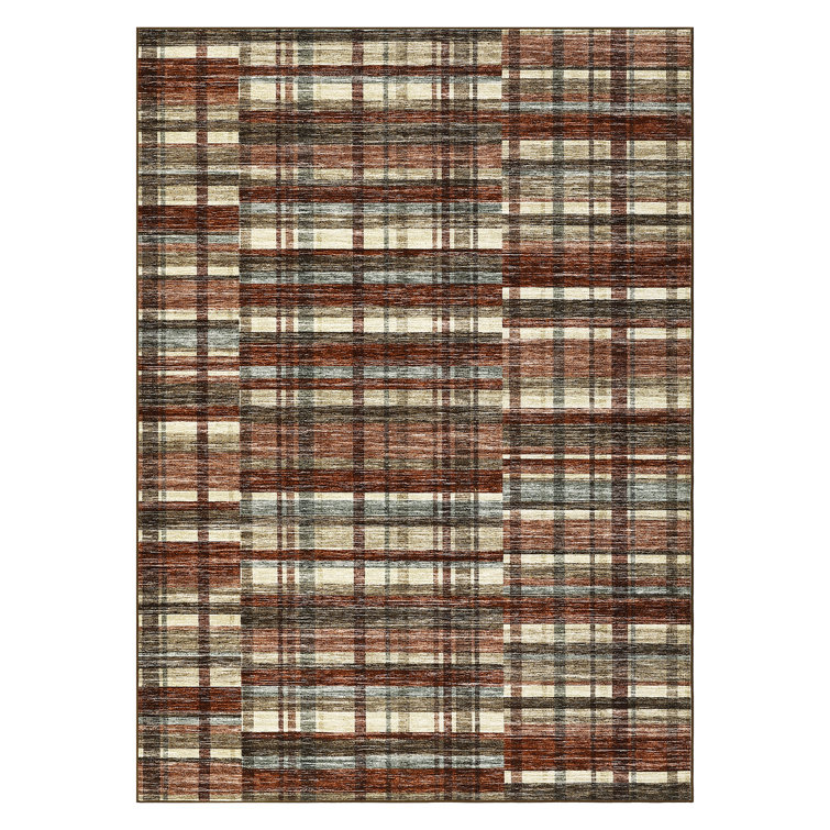 Modern Machine Washable Plaid Floor Cover with Non-Slip Backing, Stain-Resistant Low Pile Indoor Mat, Farmhouse Accent Carpet
