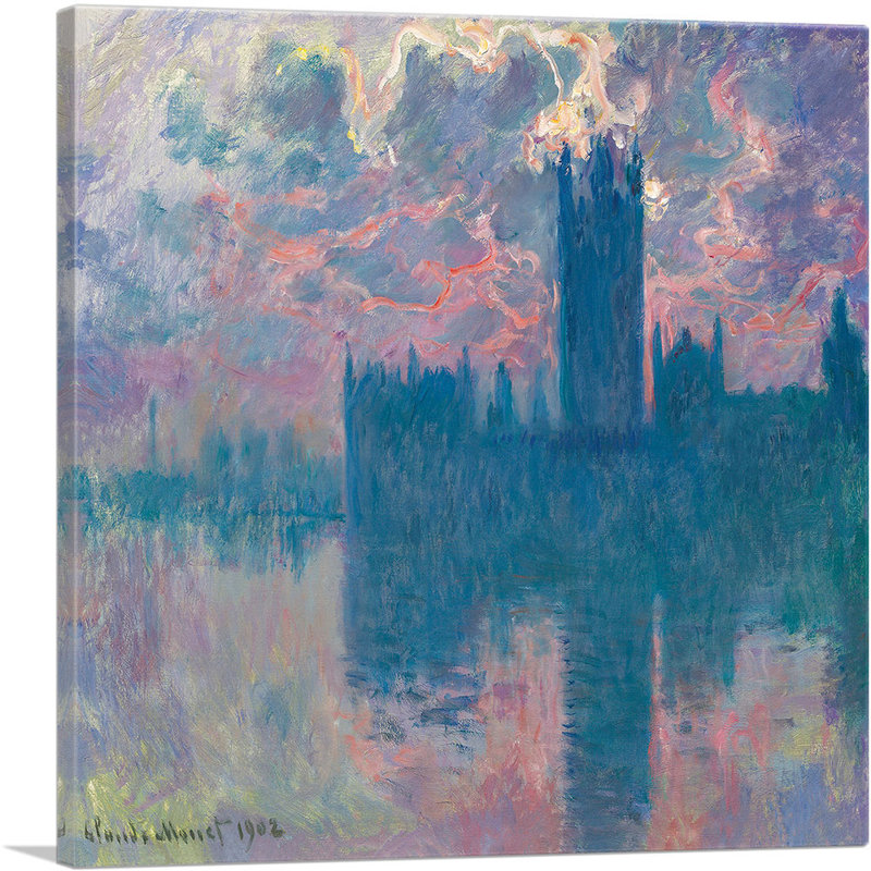 Maisons du Parlement par Claude Monet - reproduction d'art sur toile tendue, H 36 po x l 36 po x 1,5 po