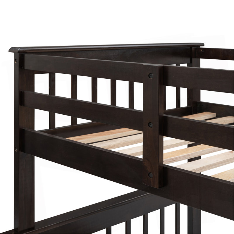 Lit superposé simple au-dessus d'un lit double avec rangement et garde-corps pour la chambre à coucher, couleur espresso