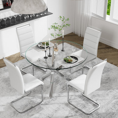 5 Piece Dining Set, Round Dining Table with Tempered Glass and 4 Upholstered Chairs by Mercer41