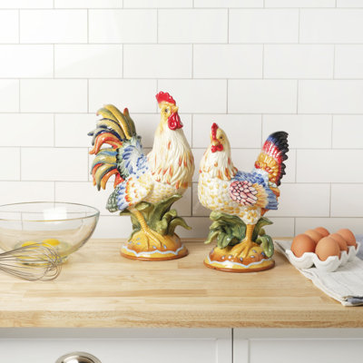 Fitz and Floyd Ricamo Rooster and Hen Figurines, Set of 2