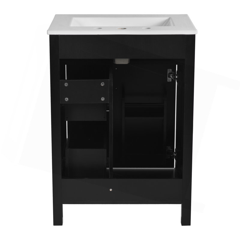 Meuble-lavabo de 24 pouces avec lavabo en céramique, 1 porte à fermeture en douceur, 2 tiroirs à fermeture en douceur et 2 supports de rangement sur la porte