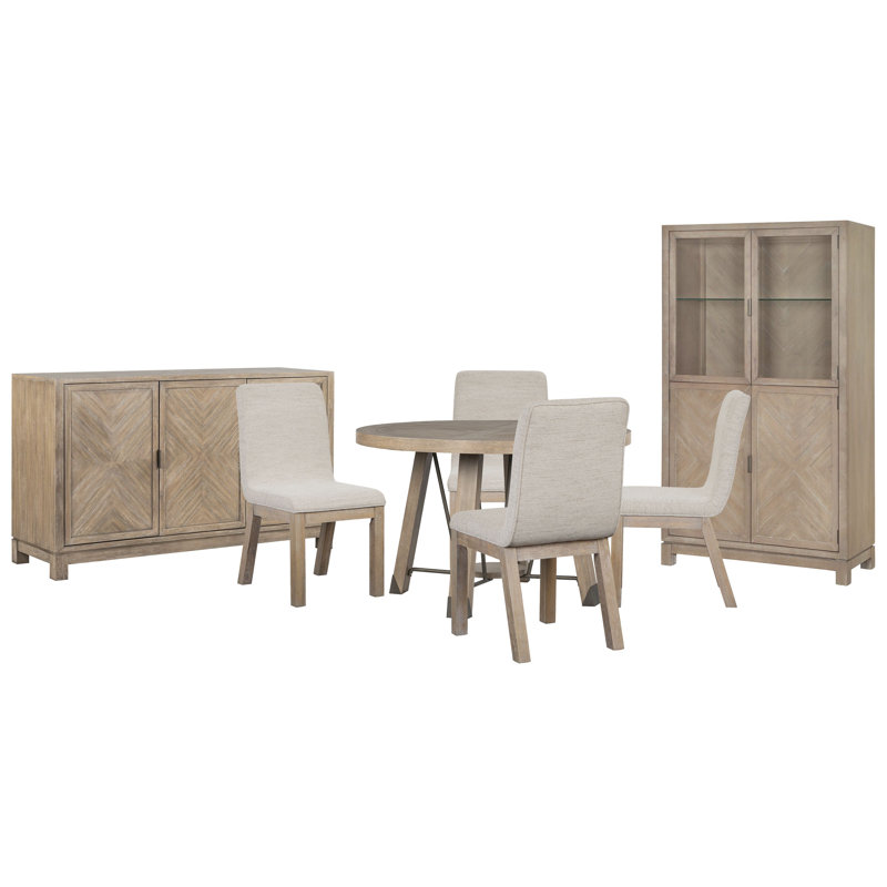 48" Round Dining Table With 4 Host Chairs Buffet And Display Cabinet, 7 Pieces: Table, 4 Chairs, Sideboard, Cabinet