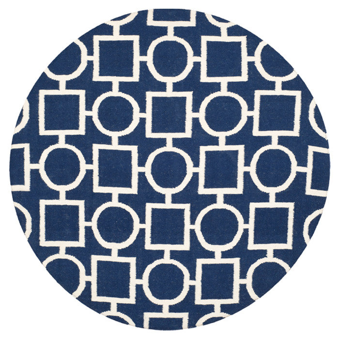 Rodgers Hand Woven Flat Weave Wool/Cotton Geometric Rug in White/Blue, Round 6'