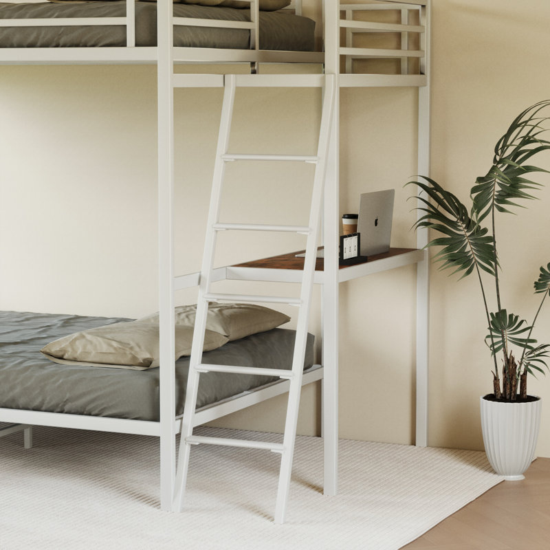 Lit superposé moderne en métal avec bureau, prise de charge, rangement et éclairage DEL Modern, Blanc