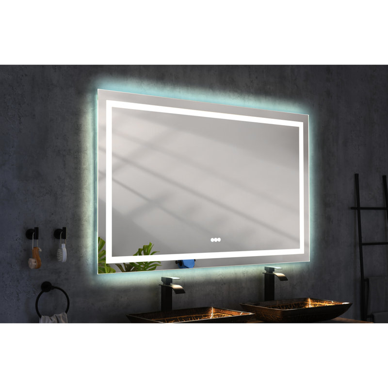 60" X 36" Fog Led Bathroom Mirror With 3 Colour Choices, Wall Mounted, Stepless Dimmable, Front And Backlight, Memory, White Aluminium Glass, 62 Lb, Good For Bathroom's Decor Options, Suitable