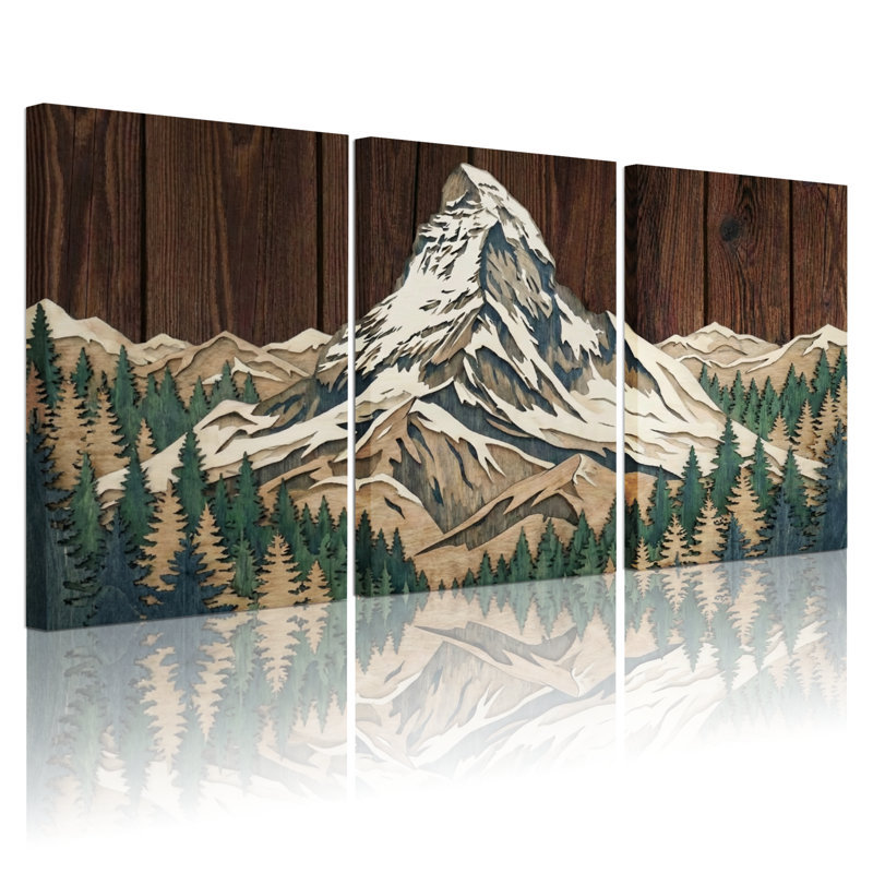 Paysage et nature, montagne, forêt, sommet de neige, panneau de bois, H 18 po x l 36 po