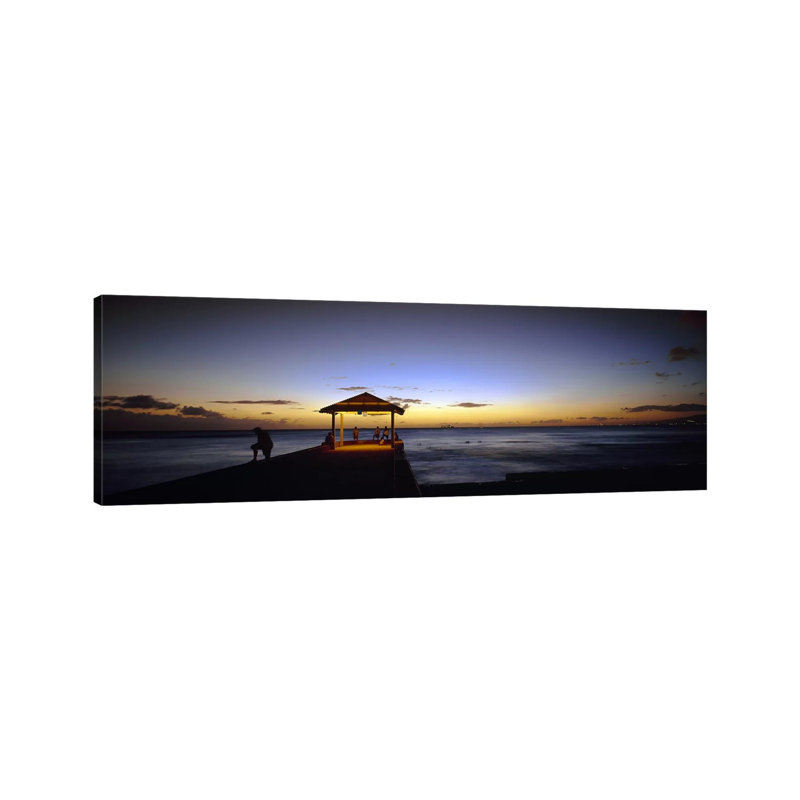 Tourists On A Pier, Waikiki Beach, Waikiki, Honolulu, Oahu, Hawaii, USA - Wrapped Canvas Panoramic Print