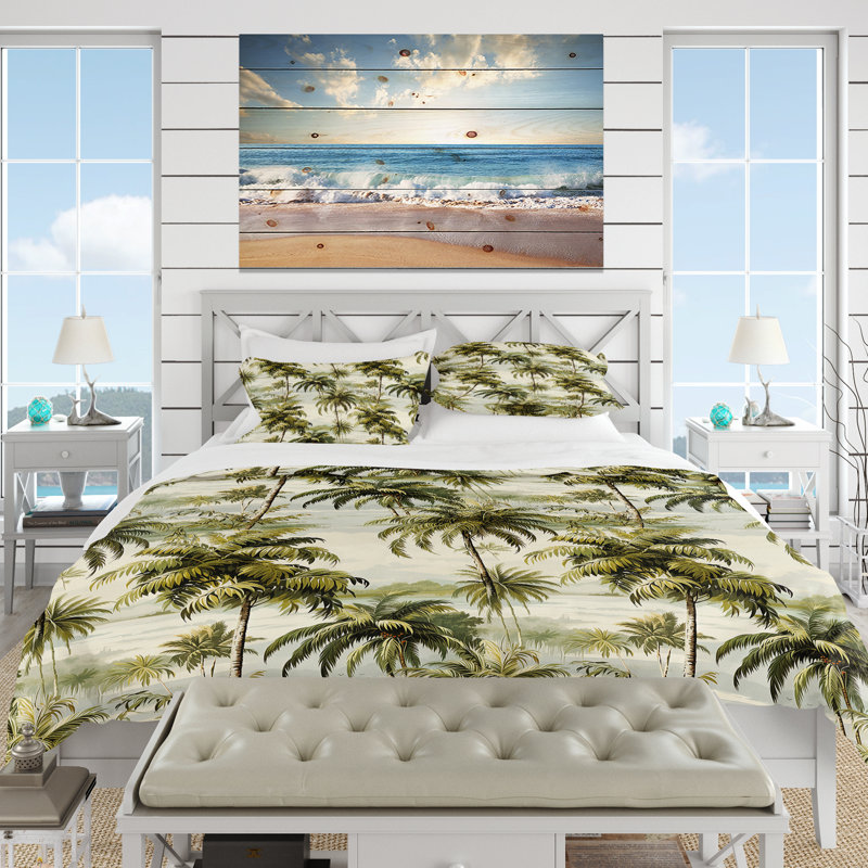 Vintage Palms Tropical Pattern Tropical Floral Duvet Cover, Queen Duvet Cover + 2 Standard Shams