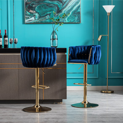 Tabourets de bar 2, velours bleu marine, pieds dorés, repose-pieds et base, fonction de hauteur réglable 2 avec pivot, réglable et base