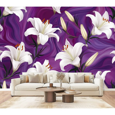 Papier peint adhésif peler et coller lys blancs tourbillons mauves H 69 po x l 96 po, papier peint amovible en PVC, adhésif pour chambre à coucher, bureau à domicile