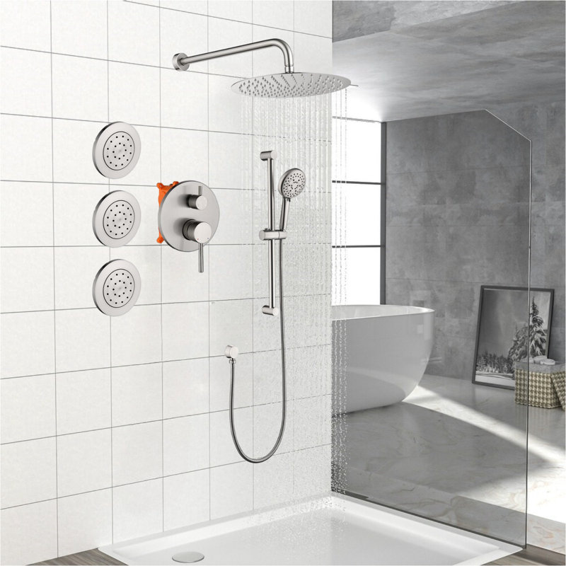 11.8-inch Wall Mount Shower Faucet Set with 3 Body Jets & Slide Bar Handheld Shower Head, Brushed Nickel