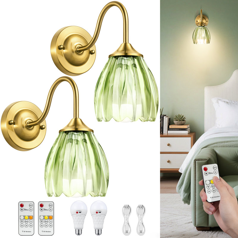 Battery Operated Wall Sconce Set Of 2, Vintage Green Tulip Glass Lampshade With 5000 Mah Rechargeable Wall Sconces, Battery Powered Wall Lights Dimmable With Remote Control For Bedroom