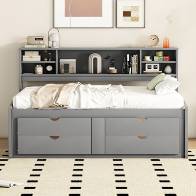 Lit de jour gris avec 2 armoires de chevet, 4 tiroirs et une tablette supérieure fonctionnelle et des tablettes - Structure, fabricant de chambre à coucher