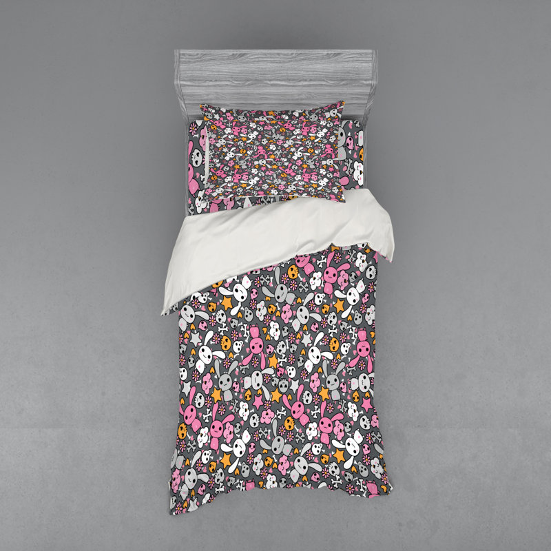 Ensemble de housse de couette en microfibre jaune / rose / gris Doodle, Housse de couette simple + 6 pièces supplémentai