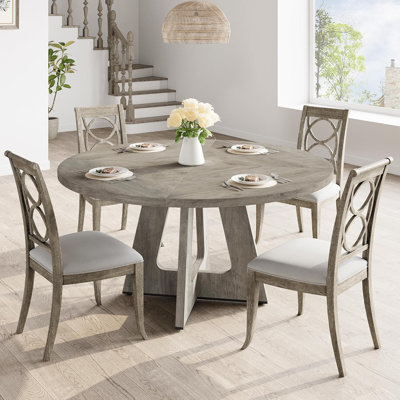 Round Dining Table 47 Inch, Farmhouse Kitchen Table with Wooden Pedestal Base for Dining Room, Rustic Gray