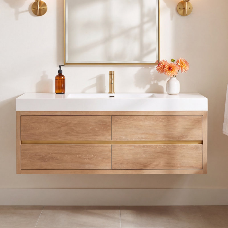 Vali 59.8'' Single Bathroom Vanity with Top, North American Oak Finish, White