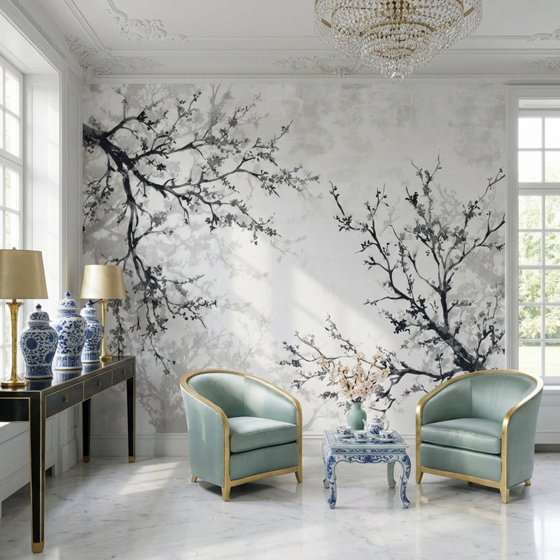 Papier peint floral minimaliste à motifs de branches, 140"x108", Peel and Stick