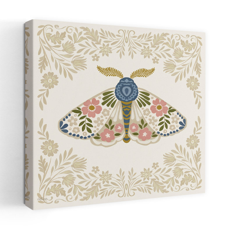 Folkloric Moth 1, art contemporain à motif floral, H 48 po x l 48 po