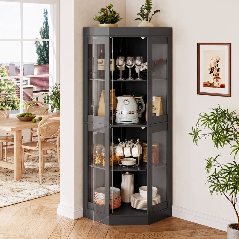 Vitrine d'angle de 70 pouces de haut avec portes vitrées, vitrine moderne à 4 étagères, Black