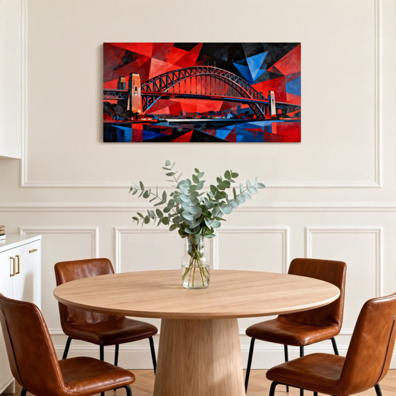 Scène et paysage urbain abstrait avec motif géométrique rouge et bleu, H 16 po x l 32 po