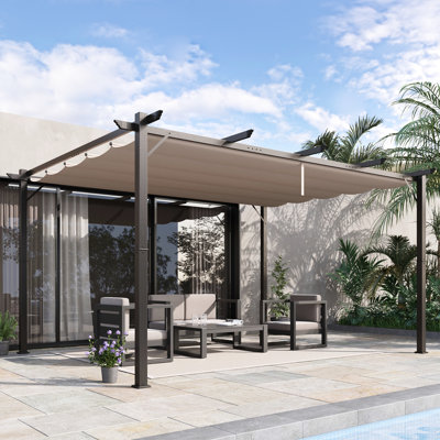 10' X 13' Outdoor Retractable Pergola - Aluminum Gazebo Canopy In Brown Adjustable Shade For Garden, Backyard, Grill With Structure Garden Brown. Aluminum, Structure, Feature, Water & Resistance,