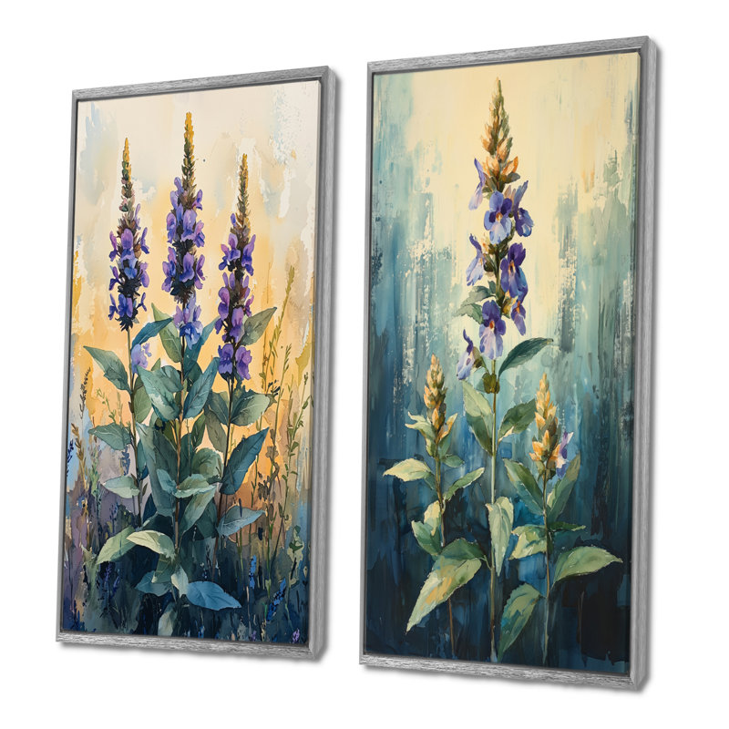 Herbal Serenity in Green Pastels Impressionist I - Art mural floral 2 panneaux, H 32 po x l 33 po, Encadrement argenté
