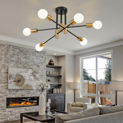 6-Light Sputnik Chandelier Semi Flush Mount Ceiling Fixture - Modern Industrial Farmhouse Lighting For Kitchen, Living Room & Bedroom With Adjustable Arms