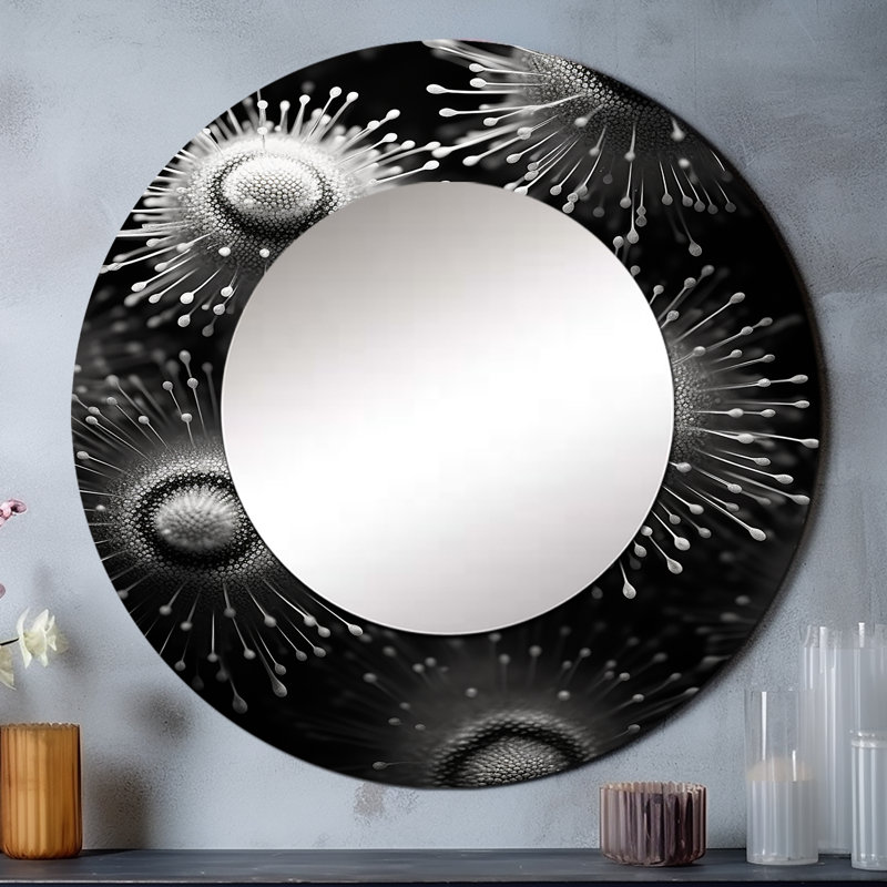 Black And White Sea Urchin Symphony - Coastal Coral Under Water Round Mirror Wall Decor_MTMIR109100, 23" x 23"
