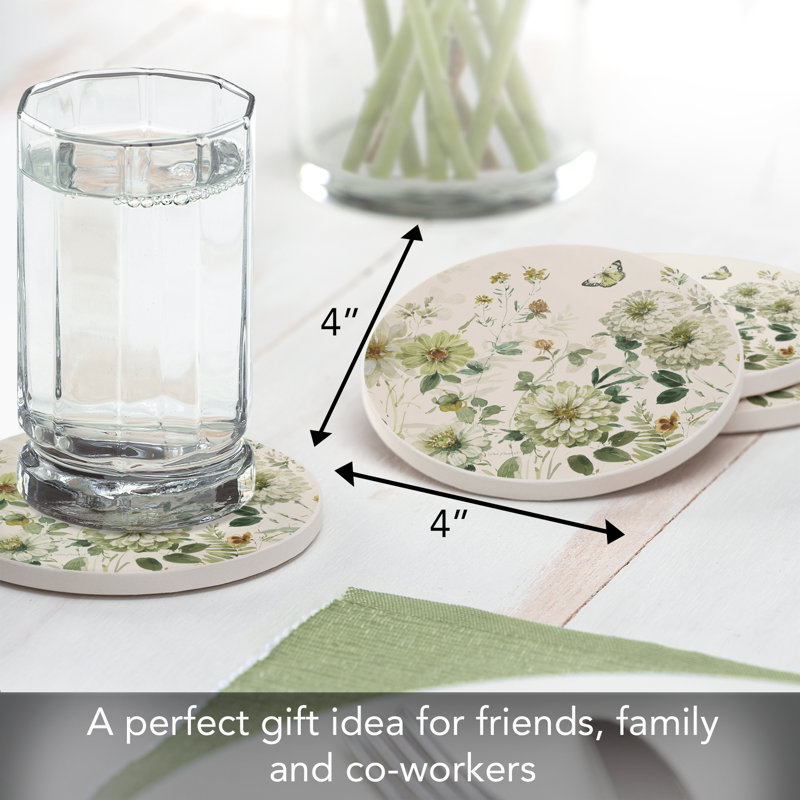 Green Fields 4 Pack Round Single Image Absorbent Stone Coasters 4” Diameter