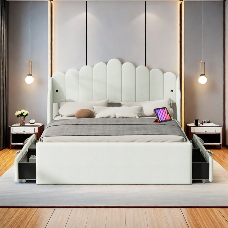 Lit plateforme avec rangement Mariany, Double, Beige