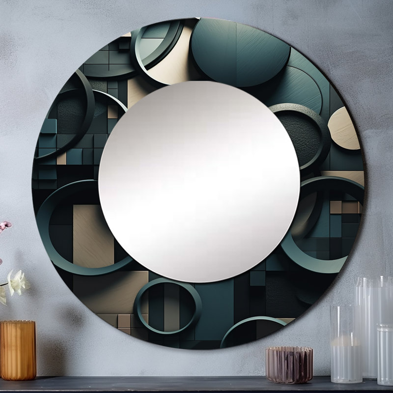 Teal Fragmented Forms - miroir cubique, miroir mural rond unique moderne, impression d'art en métal, 36 po x 36 po