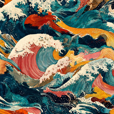 Peel and Stick Wallpaper Abstract Ocean Waves Japanese Inspired Ukiyo Style Teal Orange Coral Contact Paper Removable Self Adhesive Wall Mural Wall Decor for Bedroom Kitchen Cabinets 17.7in x 118in