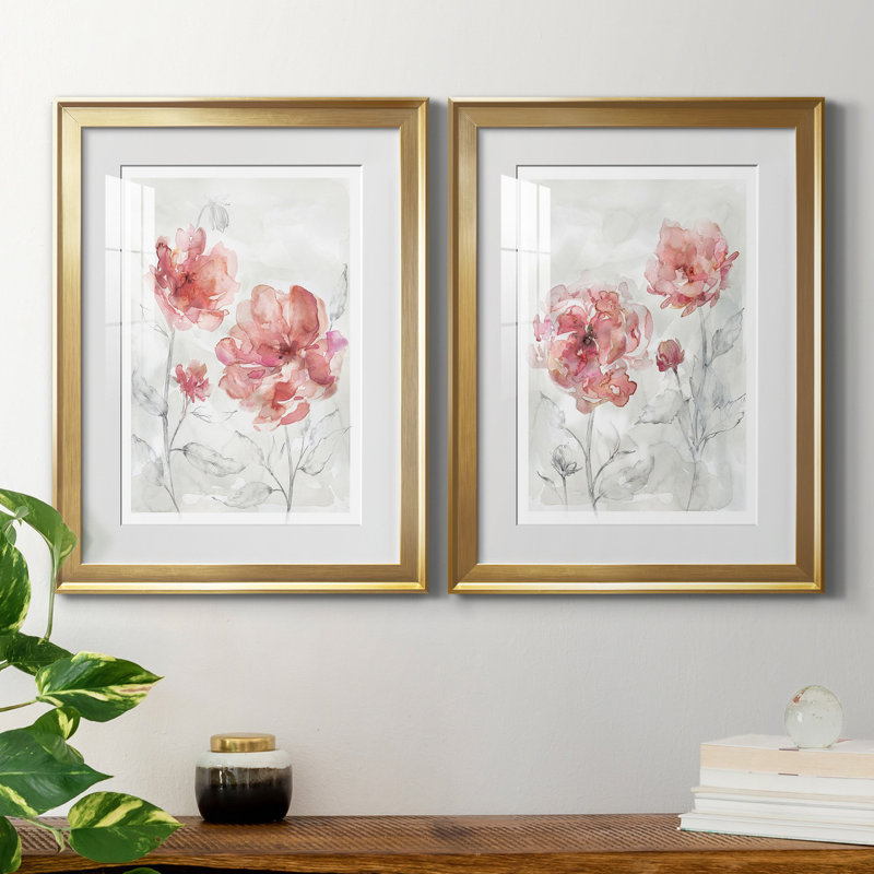 «Blush Botanical I», ensemble de 2 reproductions d'art, H 18,5 po x l 49 po x P 1,5 po, Papier encadré doré, Blanc