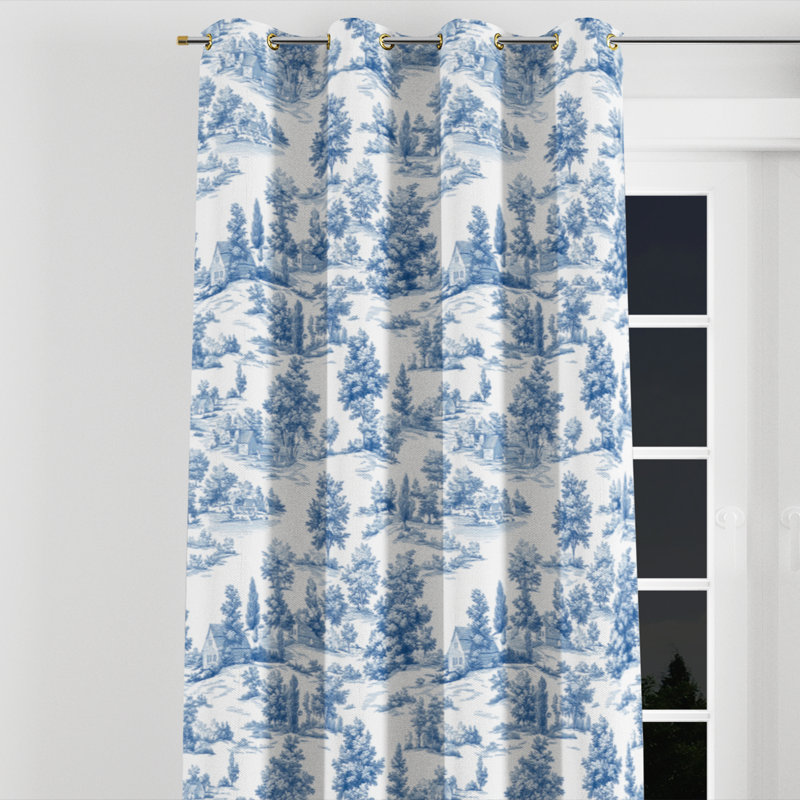 Country Farmhouse Curtains for bedroom - Blue Country Toile Grommet Curtain - 1 Panel, 52" W x 95" L, Gold Grommets