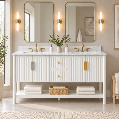 60" Double Sink Bathroom Vanity with Engineered Marble Top, 2 Drawers, 4 Doors, Open Shelf, Soft-Close Hardware, Fully Assembled Cabinet, Warm White