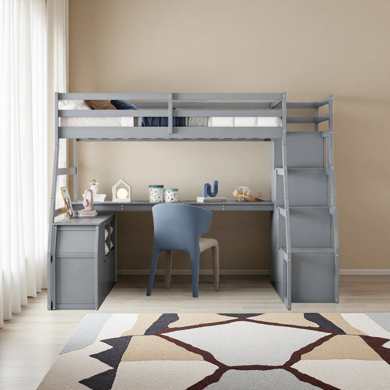 Lit mezzanine double avec 7 tiroirs, 2 tablettes et un bureau, Gris