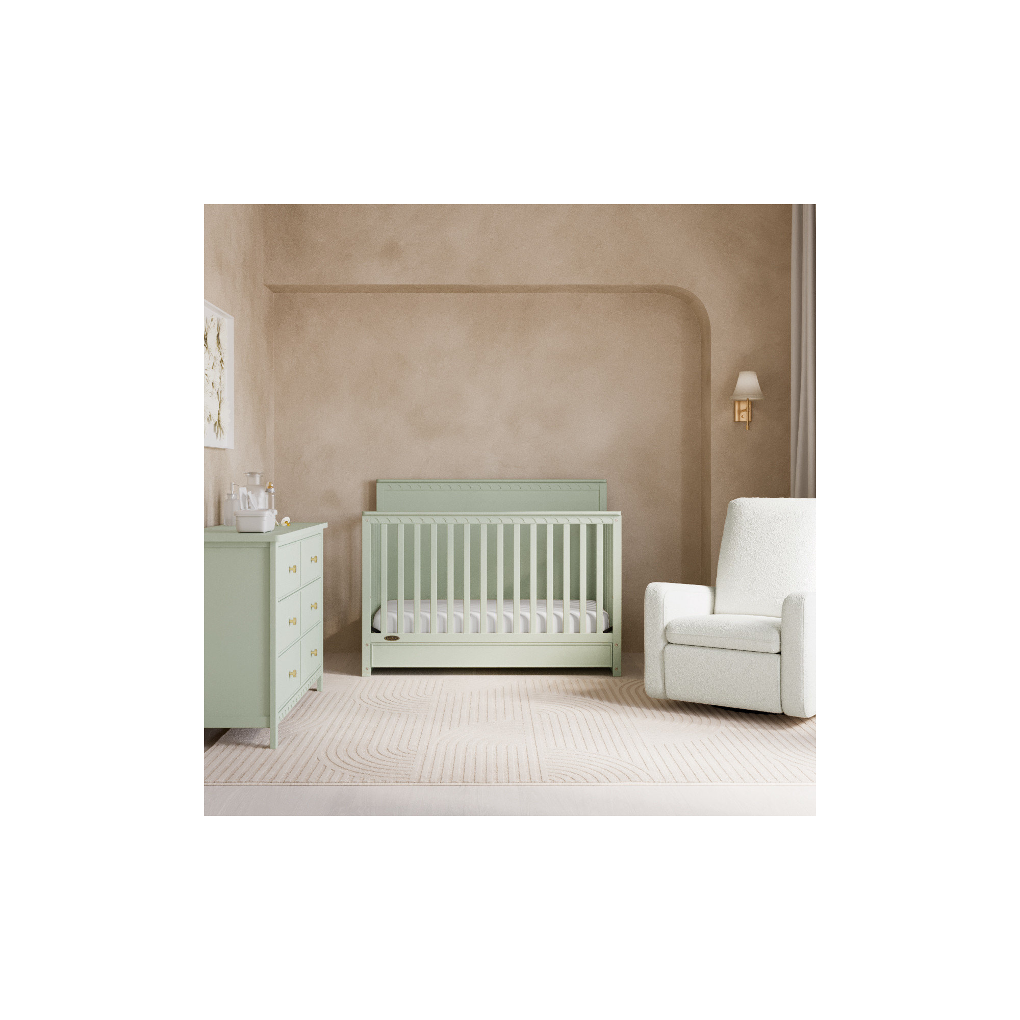 Sasha 5-In-1 Convertible Crib With Drawer, Sage