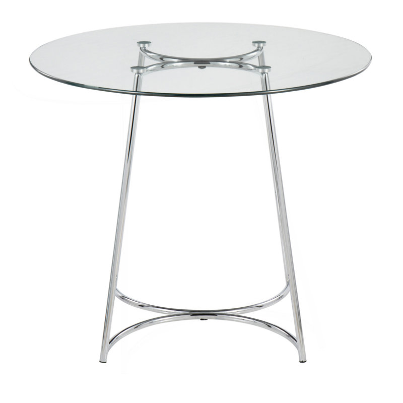 Table de salle à manger contemporaine en chrome avec plateau en verre transparent