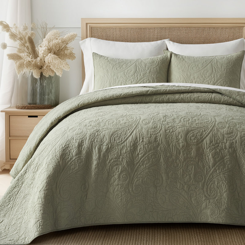 Paisley 100% Cotton Quilt Set 3 Pieces, Sage Tea Green, King Quilt + 2 King Shams